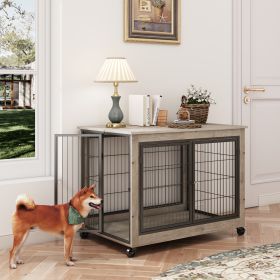 Furniture Style Dog Crate Side Table on Wheels with Double Doors and Lift Top