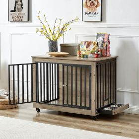 Furniture Style Dog Crate Side Table With Feeding Bowl, Wheels, Three Doors, Flip-Up Top Opening. Indoor, Grey, 38.58"W x 25.2"D x 27.17"H